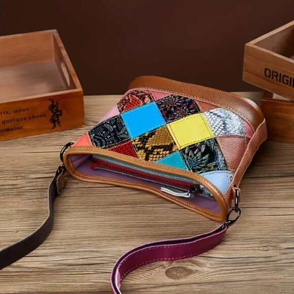 Womens Fashion Crossbody Bag Random Color Patchwork Shoulder Bag Leather Fabric - Picture 5 of 11